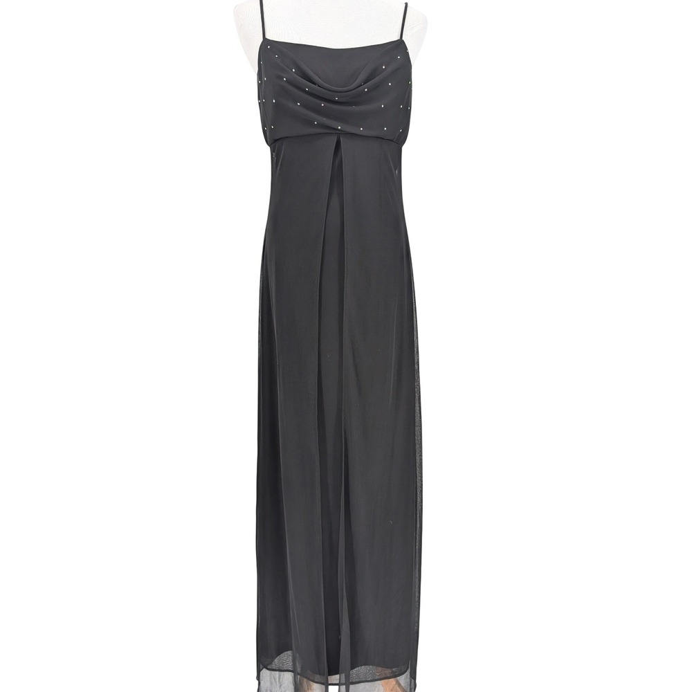 VTG Kiki USA Y2K Cowl‎ Neck Maxi Dress M Black Rhinestone Sheer Mesh Whimsigoth